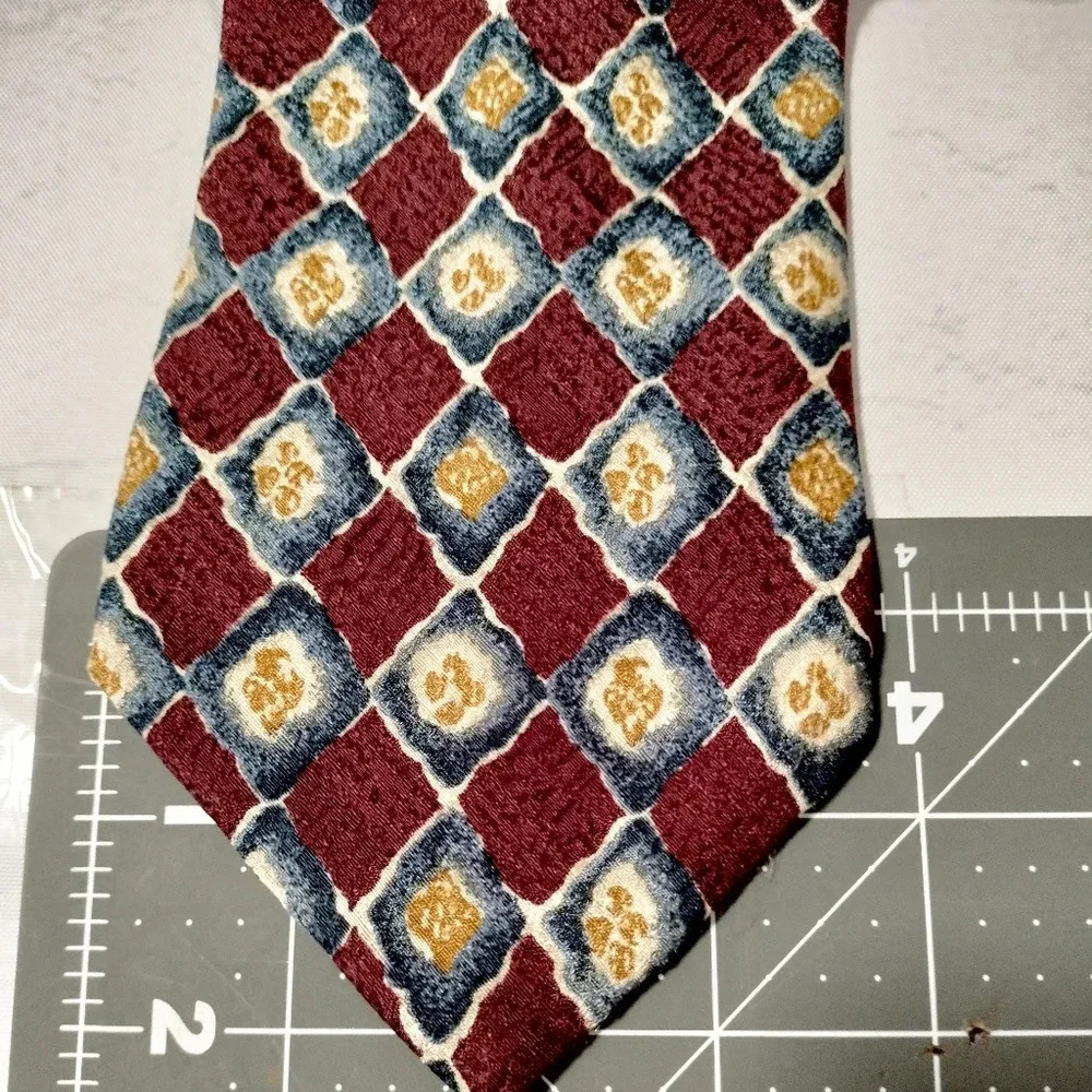 Lamberti Men's Tie Silk Maroon Blue Gold Geometric Pattern Made in Italy